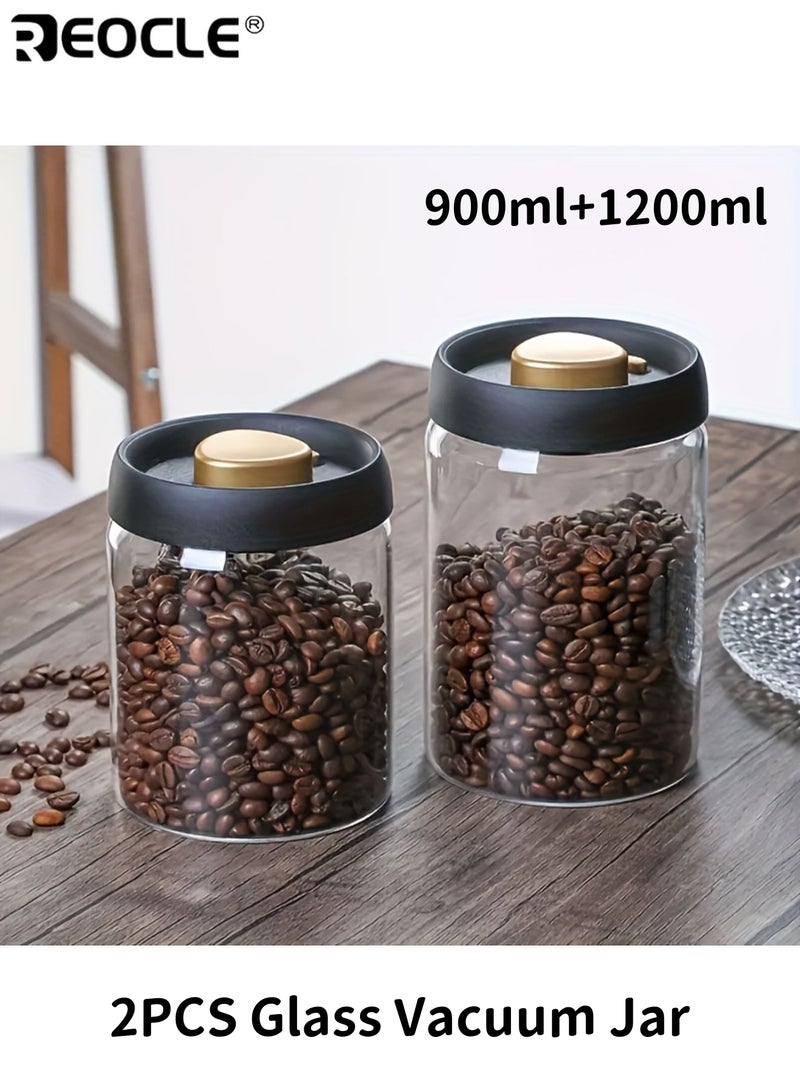 REOCLE 2pc High Quality Glass Vacuum Jar 900ml & 1200ml Airtight Containers for Coffee Beans Kitchen Storage Clear Durable Freshness Preserving Canisters - Image 1