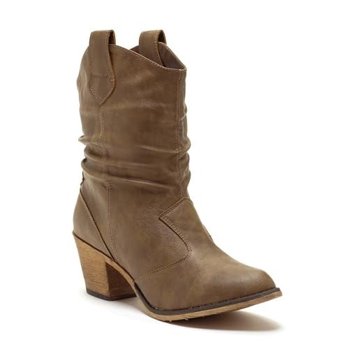 Charles Albert Modern Western Cowboy Boots for Women Ladies Stacked Heel Ankle Cowgirl Boots with Pull-Up Tabs in Mocha Size 8 - Image 1