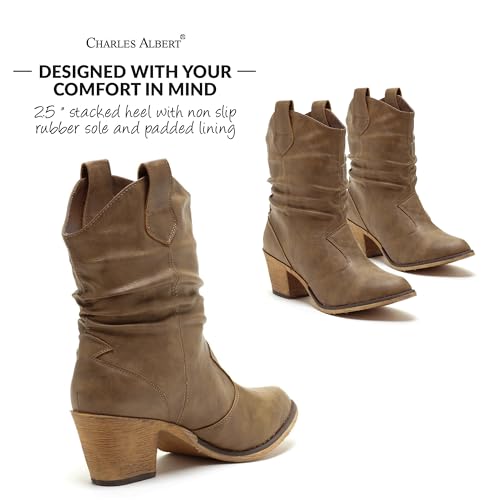 Charles Albert Modern Western Cowboy Boots for Women Ladies Stacked Heel Ankle Cowgirl Boots with Pull-Up Tabs in Mocha Size 8 - Image 2