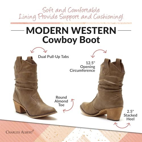 Charles Albert Modern Western Cowboy Boots for Women Ladies Stacked Heel Ankle Cowgirl Boots with Pull-Up Tabs in Mocha Size 8 - Image 5