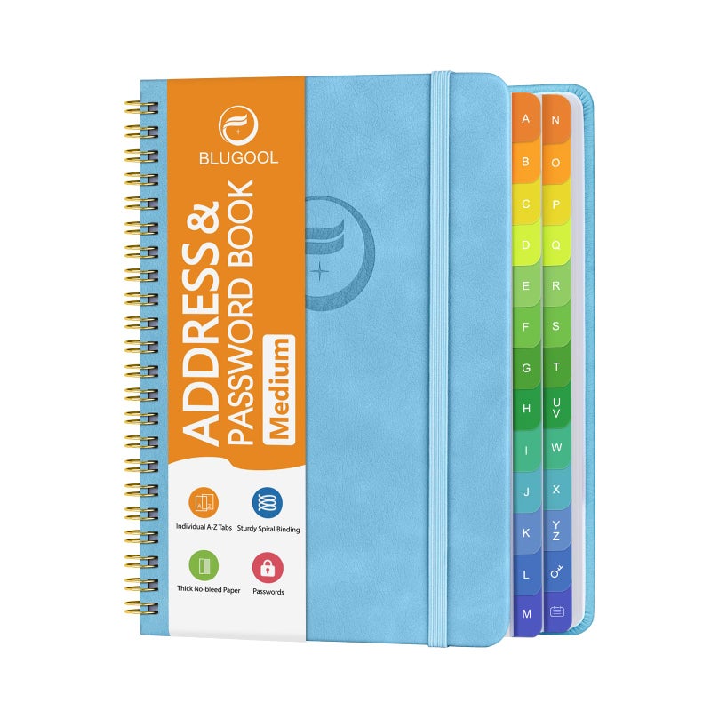 Blugool Address Book with Alphabetical Tabs-Address and Password Book for Seniors - Hardcover Spiral Bound Phone Book- Record Contacts,Website Login Passwords, Special Days -5.7" x 7.7", Blue - Image 1