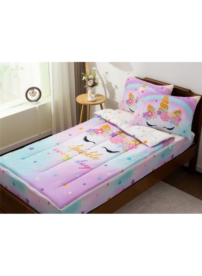 NTBED Unicorn Printed Zipper Bedding Sets Twin for Kids Girls Lightweight Microfiber Floral Rainbow Comforter Set with Fitted Sheet Pillow Covers,Blue Purple - Image 1