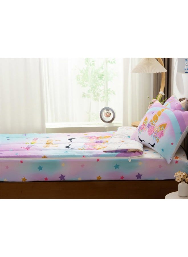 NTBED Unicorn Printed Zipper Bedding Sets Twin for Kids Girls Lightweight Microfiber Floral Rainbow Comforter Set with Fitted Sheet Pillow Covers,Blue Purple - Image 3