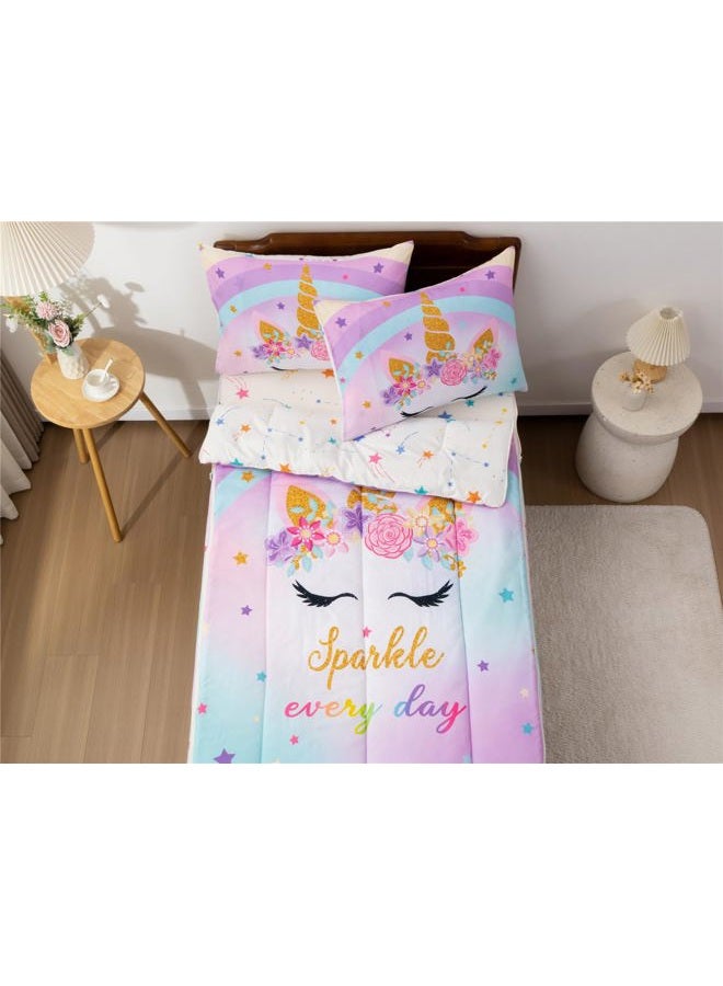 NTBED Unicorn Printed Zipper Bedding Sets Twin for Kids Girls Lightweight Microfiber Floral Rainbow Comforter Set with Fitted Sheet Pillow Covers,Blue Purple - Image 2