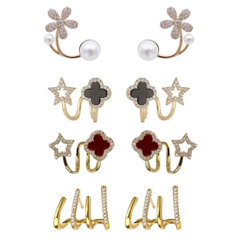 Aeenioy 4 Pairs Korean Earrings for Girls Stylish, Studs for Women Stylish, Flower & Clover Stud Earrings, Fashion Jewelry for Usually Occasions (Golden) - Image 1