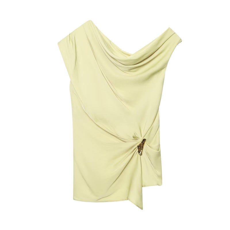 Zadata Womens 2025 New European and American Silk Satin Texture Asymmetric Collar Sleeveless Top 5029110 727 Yellow