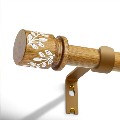 QDWIS Natural Wood Curtain Rods for Windows 28 to 48 inch Boho Decorative Handmade Wood Grain Drapery Rods with Leaf Finial 1" Adjustable Heavy Duty Curtain rod for Living Room Bedroom Kitchen - Image 1