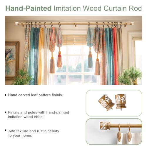 QDWIS Natural Wood Curtain Rods for Windows 28 to 48 inch Boho Decorative Handmade Wood Grain Drapery Rods with Leaf Finial 1" Adjustable Heavy Duty Curtain rod for Living Room Bedroom Kitchen - Image 4