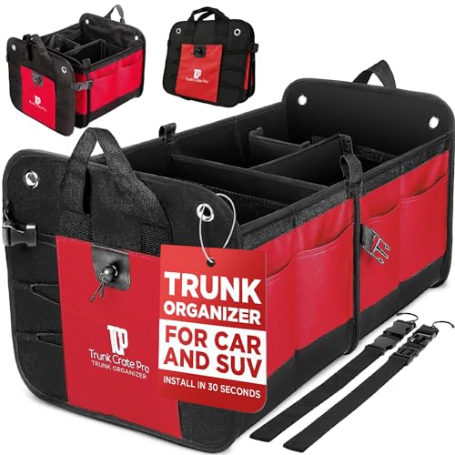 TRUNKCRATEPRO Red Car Accessories Trunk Organizer For Car, Suv Premium Multi Compartments Collapsible Portable Car Organizer For Women W 2 Adjustable straps, non-skid bottom (Large Capacity) - Image 1