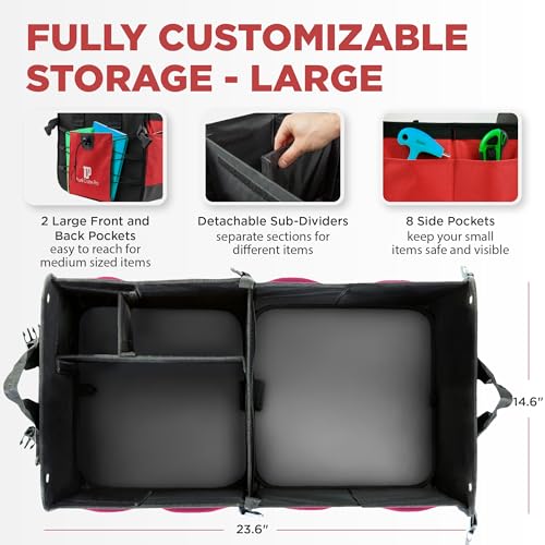 TRUNKCRATEPRO Red Car Accessories Trunk Organizer For Car, Suv Premium Multi Compartments Collapsible Portable Car Organizer For Women W 2 Adjustable straps, non-skid bottom (Large Capacity) - Image 2