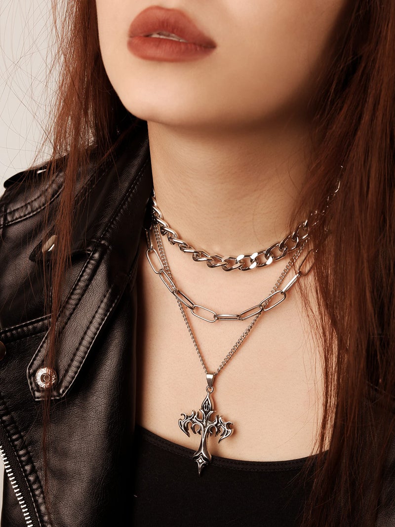 Sacina Gothic Layered Cross Pendant Necklace, Goth Emo Grunge Necklace, Goth Jewelry, Halloween Christmas Jewelry Gift For Women - Image 2