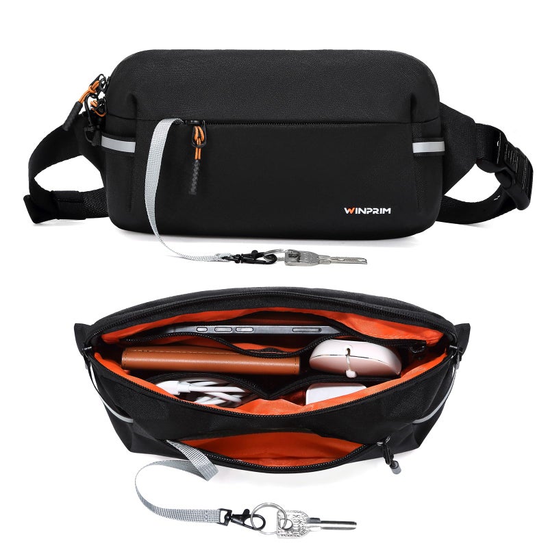 WINPRIM Fanny Pack for Men Women 2L Lightweight Waist Belt Hip Bag Slim Crossbody Sling Bag Adjustable Water Resistant Bum Belt Pouch for Travel Running Shopping Hiking Cycling Climbing EDC BLACK - Image 1