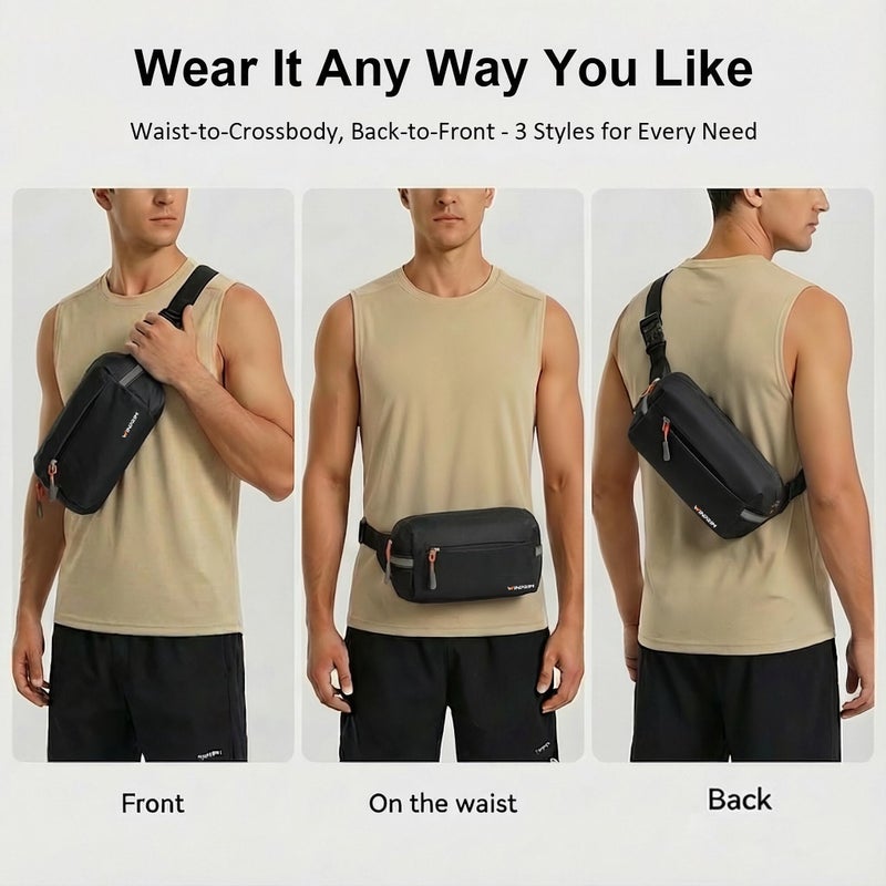 WINPRIM Fanny Pack for Men Women 2L Lightweight Waist Belt Hip Bag Slim Crossbody Sling Bag Adjustable Water Resistant Bum Belt Pouch for Travel Running Shopping Hiking Cycling Climbing EDC BLACK - Image 2