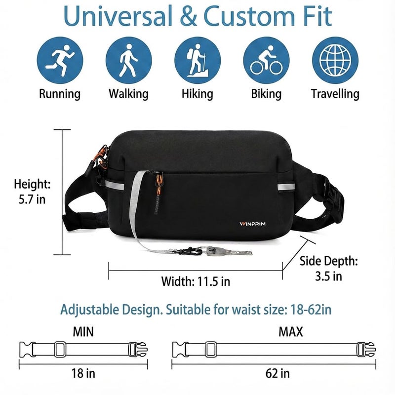 WINPRIM Fanny Pack for Men Women 2L Lightweight Waist Belt Hip Bag Slim Crossbody Sling Bag Adjustable Water Resistant Bum Belt Pouch for Travel Running Shopping Hiking Cycling Climbing EDC BLACK - Image 3