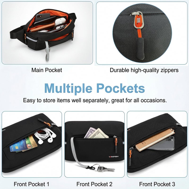 WINPRIM Fanny Pack for Men Women 2L Lightweight Waist Belt Hip Bag Slim Crossbody Sling Bag Adjustable Water Resistant Bum Belt Pouch for Travel Running Shopping Hiking Cycling Climbing EDC BLACK - Image 5