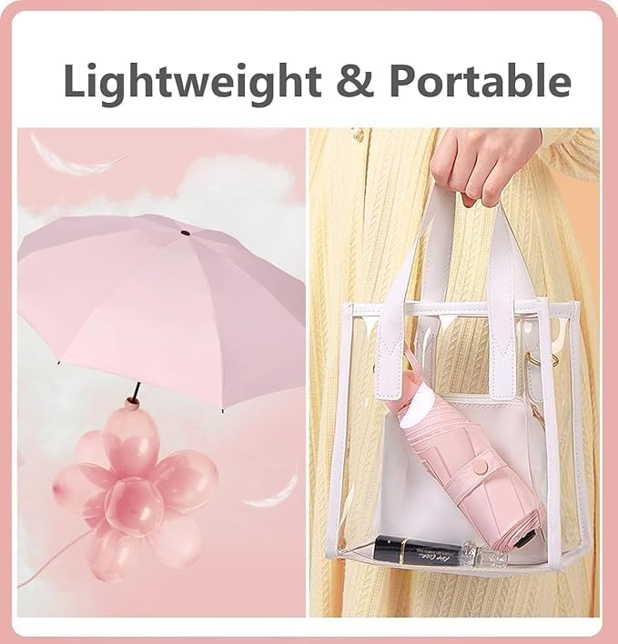 LACOSSI Mini Umbrella with Case for Men & Women (Manual Open) Compact Travelling Umbrella, Polyester & UV Protection Fabric for Summer/Anti-Slip Handle- Use in Rain Powerful Portable (Capsul - Pink) - Image 3