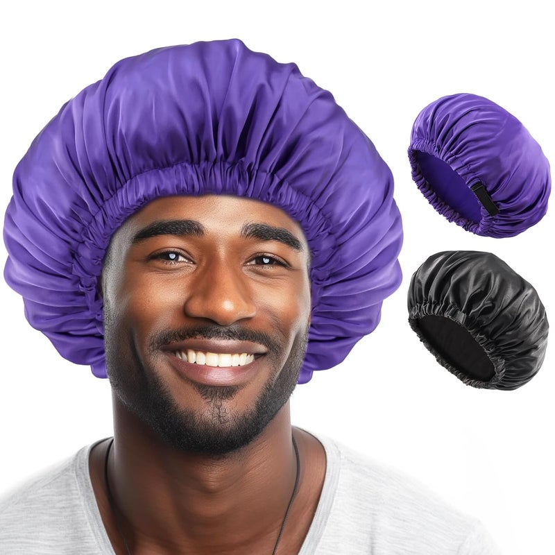 Lolalet Lolalet 2 PCS Bonnet for Men, Hair Silk Bonnets for Sleeping Mens Adjustable Satin Night Cap for Dreadlocks Afro Braids Curly -Black & Purple 