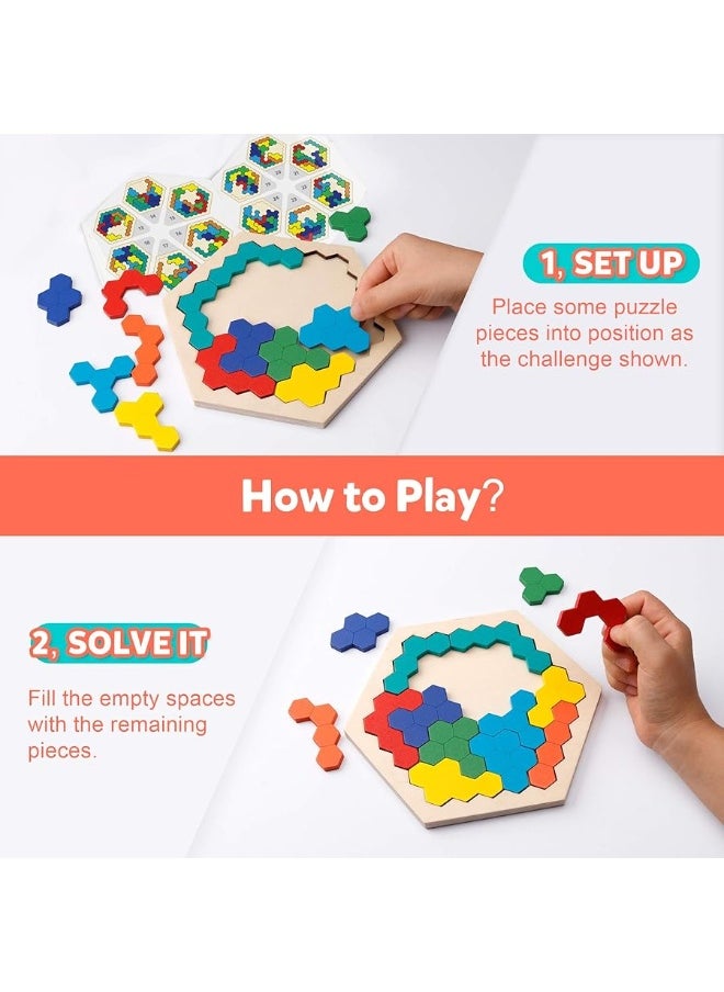 Coogam Coogam Wooden Hexagon Puzzle for Kid Adults - Shape Pattern Block Tangram Brain Teaser Toy Geometry Logic IQ Game STEM Montessori Educational Gift for All Ages Challenge  - Image 3