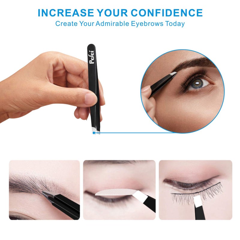 Pefei Tweezers Set - Professional Stainless Steel Tweezers for Eyebrows - Great Precision for Facial Hair, Splinter and Ingrown Hair Removal (Black) - Image 2