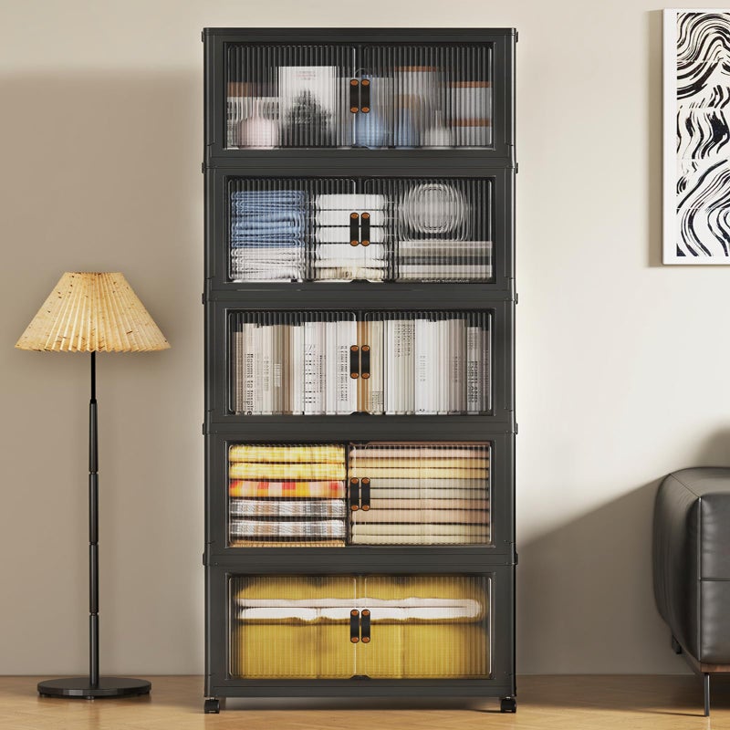 SAILUN 81Gal/325Qt Stackable Storage Bins Folding Collapsible Storage Bins with Lid, Closet Organizers and Storage Box with Door Black 22" W x 13" D x 62" H - Image 4