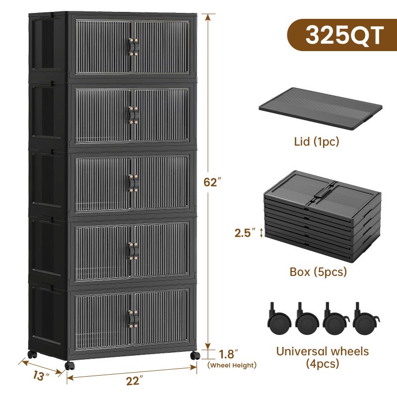 SAILUN 81Gal/325Qt Stackable Storage Bins Folding Collapsible Storage Bins with Lid, Closet Organizers and Storage Box with Door Black 22" W x 13" D x 62" H - Image 2