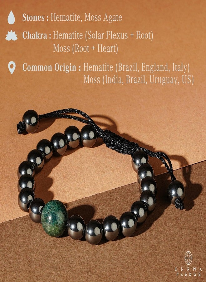 KARMAPLEDGE Hematite with Moss Agate Healing Crystal Bracelets for Women & Men, Dual Protection Beaded Bracelet with Adjustable Knot, For Meditation, Positive Energy & Balance, Crystal Gifts - Image 3