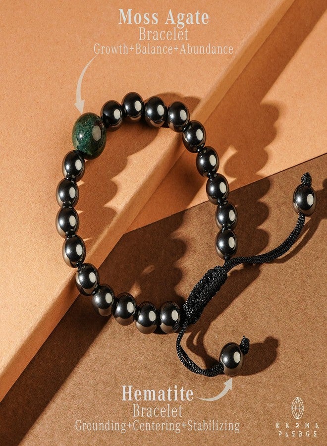 KARMAPLEDGE Hematite with Moss Agate Healing Crystal Bracelets for Women & Men, Dual Protection Beaded Bracelet with Adjustable Knot, For Meditation, Positive Energy & Balance, Crystal Gifts - Image 4