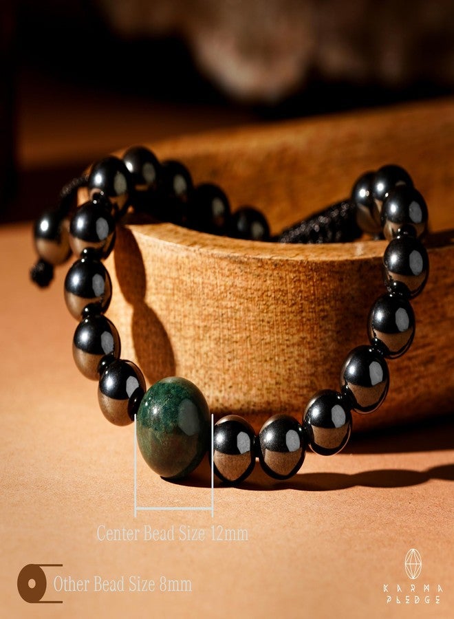 KARMAPLEDGE Hematite with Moss Agate Healing Crystal Bracelets for Women & Men, Dual Protection Beaded Bracelet with Adjustable Knot, For Meditation, Positive Energy & Balance, Crystal Gifts - Image 5