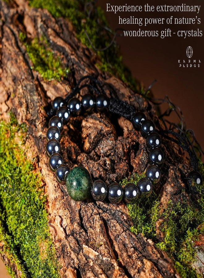KARMAPLEDGE Hematite with Moss Agate Healing Crystal Bracelets for Women & Men, Dual Protection Beaded Bracelet with Adjustable Knot, For Meditation, Positive Energy & Balance, Crystal Gifts - Image 2