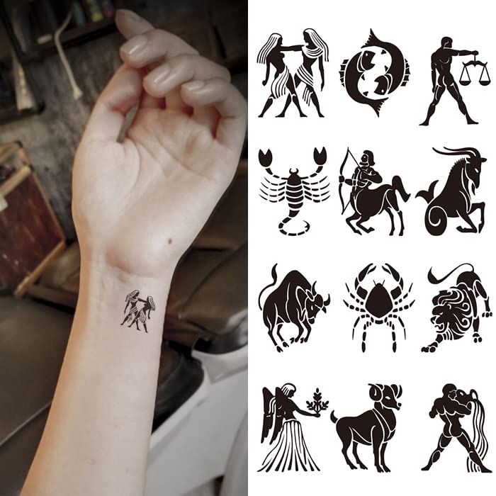 Oottati مجموعة ملصقات وشم مؤقت صغيرة لطيفة من 2 - رموز زودياك سوداء توتم ليو قوس العذراء العقرب الثور لتصميمات اليد والرقبة والوجه والمعصم والإصبع، مقاومة للماء، فن جسم مزيف، بسيط