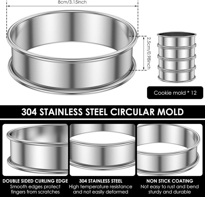 windforgecraft 12 Pcs English Muffin Rings Stainless Steel Crumpet Rings Nonstick Metal Muffin Round Ring Molds Double Rolled Tart Rings for Cooking Baking Kitchen Eggs Pancakes Pastry (8cm 12pcs) - Image 5