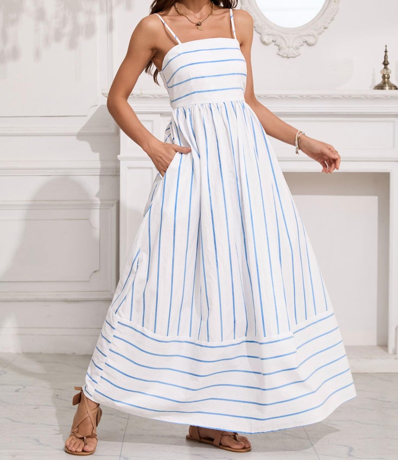chouyatou Women's Striped Back Smocked Maxi Dress Sexy Spaghetti Strap Cut Out Flowy Swing Long Dress (X-Large, Blue White) - Image 4