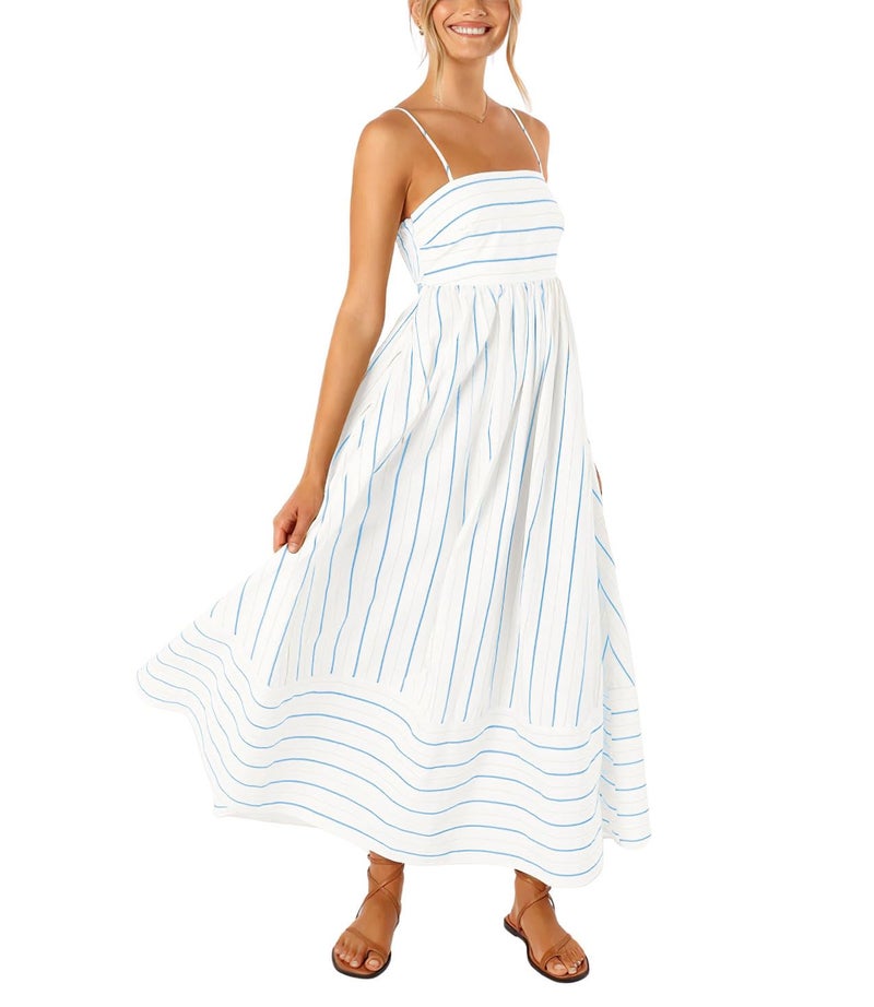 chouyatou Women's Striped Back Smocked Maxi Dress Sexy Spaghetti Strap Cut Out Flowy Swing Long Dress (X-Large, Blue White) - Image 1