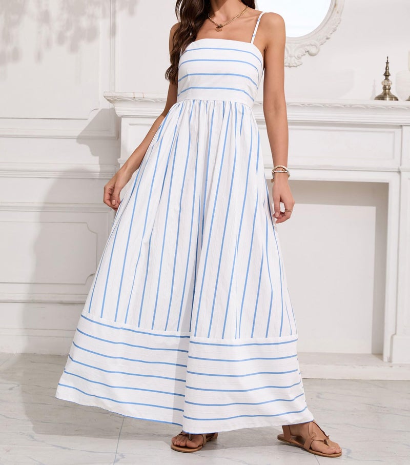 chouyatou Women's Striped Back Smocked Maxi Dress Sexy Spaghetti Strap Cut Out Flowy Swing Long Dress (X-Large, Blue White) - Image 2