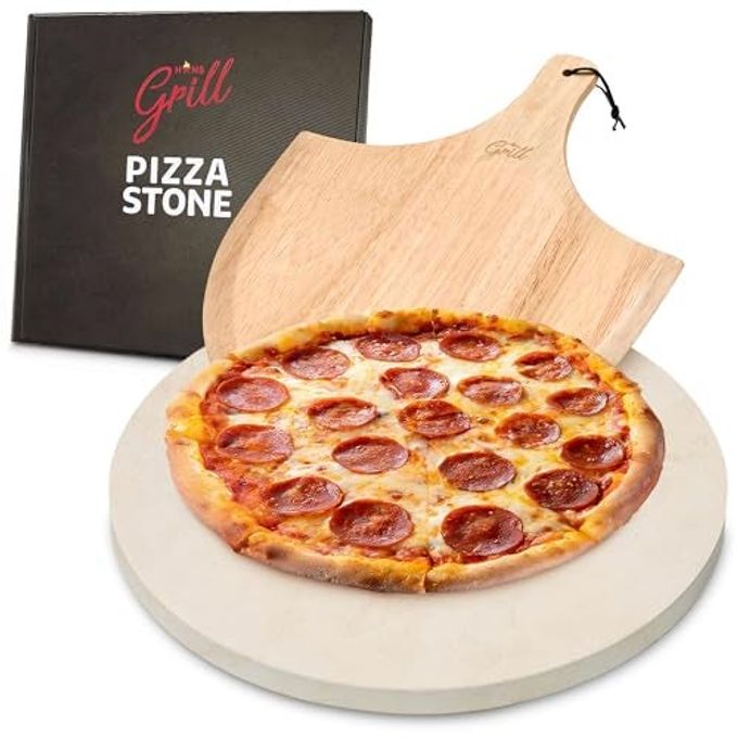 HANS GRILL PIZZA STONE | Circular Pizza Stone For Oven Baking & BBQ Grilling With Free Wooden Peel | Extra Large Round 15" Inches Diameter (38CM) Durable Cordierite Cooking Stone.
