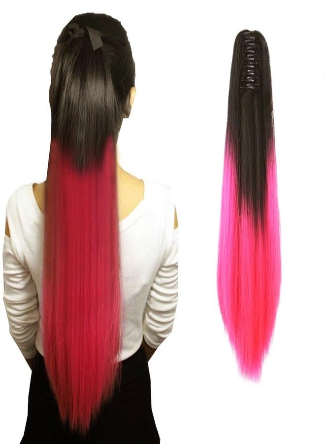 iLUU Ombre Synthetic Hair Ponytail Extensions Natural Black to Pink Color Two Tone Claw in Ponytail Hair Extensions Long Straight Hairpiece 24" 130G/Set Pony Tail 1BTPink - Image 1