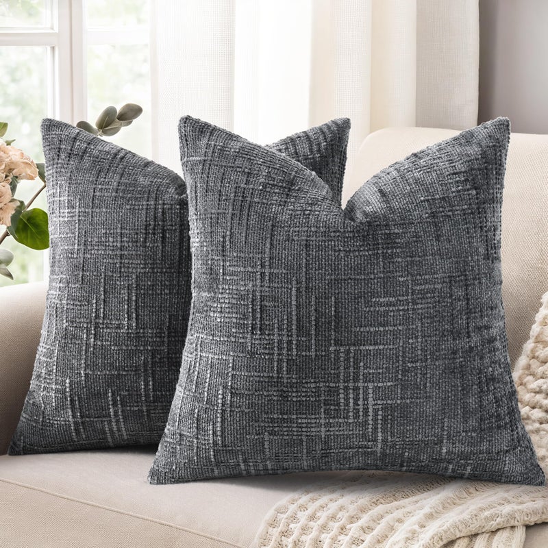 decorUhome Dark Grey Chenille Throw Pillow Covers 18x18 Set of 2 Textured Soft Cozy Slubby Couch Pillow Covers Modern Farmhouse Boho Decorative Pillow Cases for Bed Sofa Living Room - Image 1