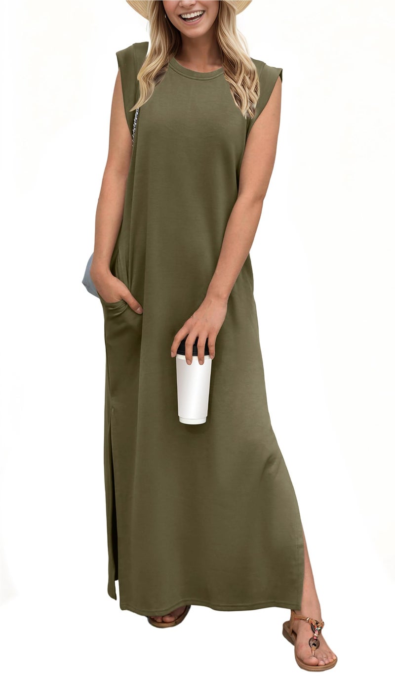 GRECERELLE Women's Summer Casual Loose Split Long Maxi Sun Dress with Pockets (Medium, Army Green) - Image 1