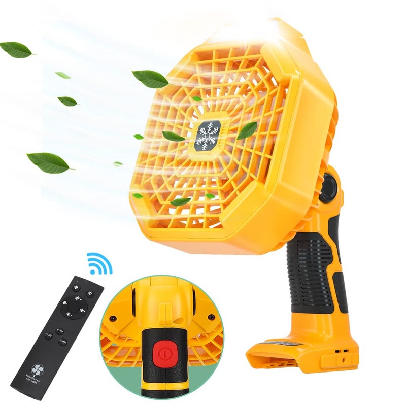 Hiesuan Portable Handheld Fan for Dewalt 20v Battery Cordless Jobsite Fan with LED Lamp Remote 4H Timing Function Rechargeable USB Personal Desk Camping Fan