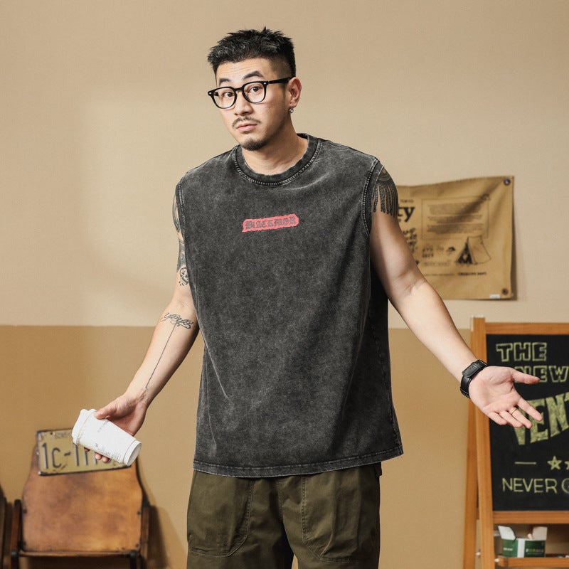 Summer Sleeveless Printed T-Shirt Men'S Japanese Fashionable Loose Casual All-Match T-Shirt Sports Top Black - Image 3