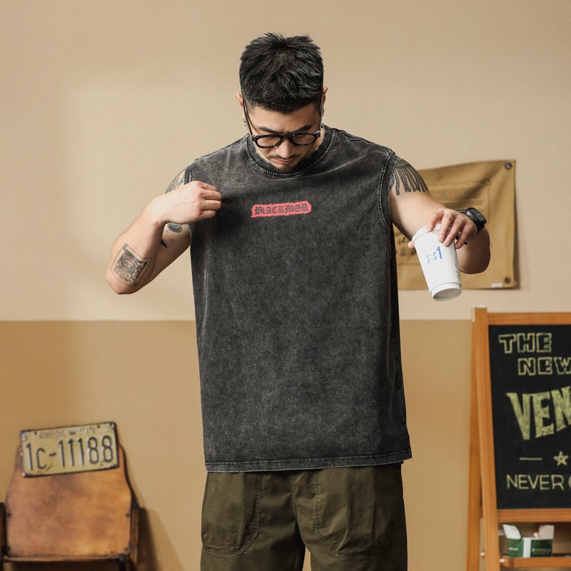 Summer Sleeveless Printed T-Shirt Men'S Japanese Fashionable Loose Casual All-Match T-Shirt Sports Top Black - Image 2