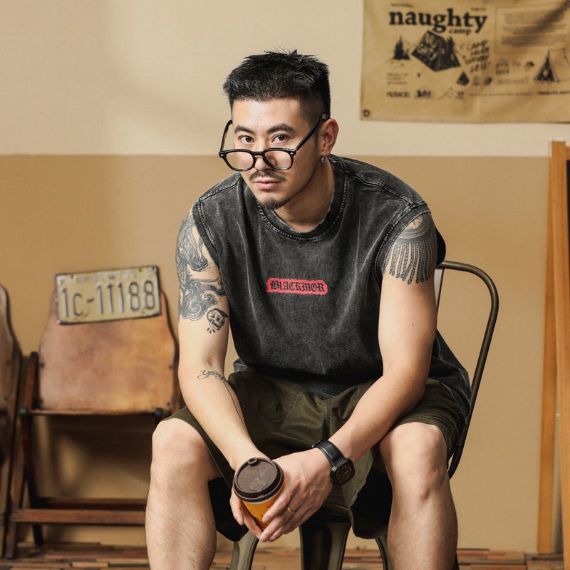 Summer Sleeveless Printed T-Shirt Men'S Japanese Fashionable Loose Casual All-Match T-Shirt Sports Top Black - Image 5