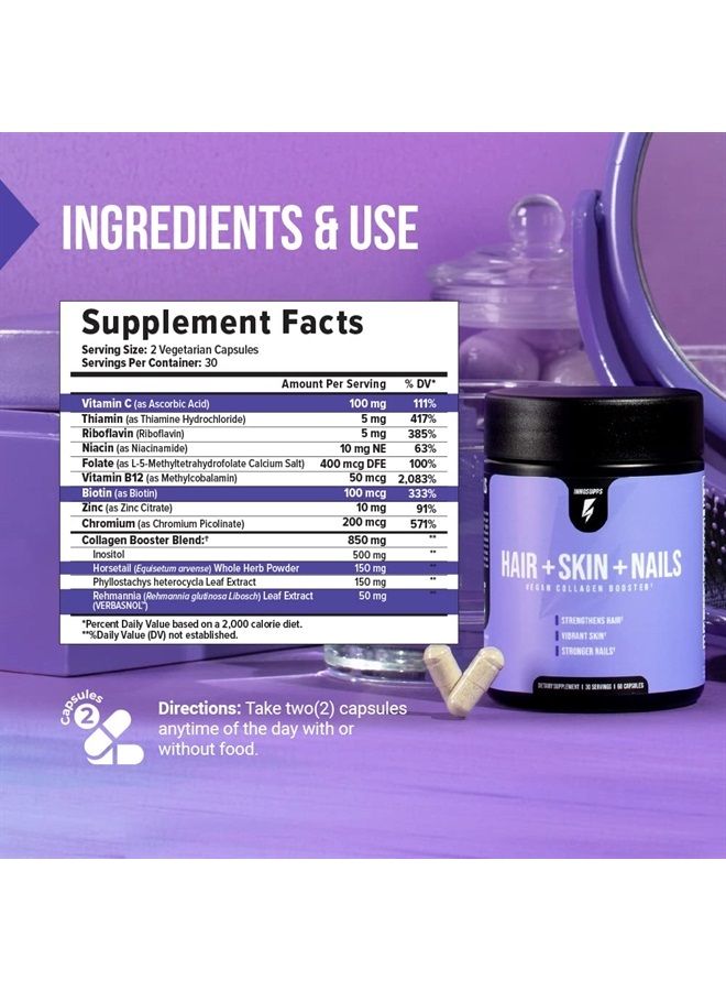 INNOSUPPS Hair + Skin + Nails | Vegan Collagen Booster | Biotin, Verbasnol, B12, Horsetail Herb Powder | 60 Capsules  - Image 2