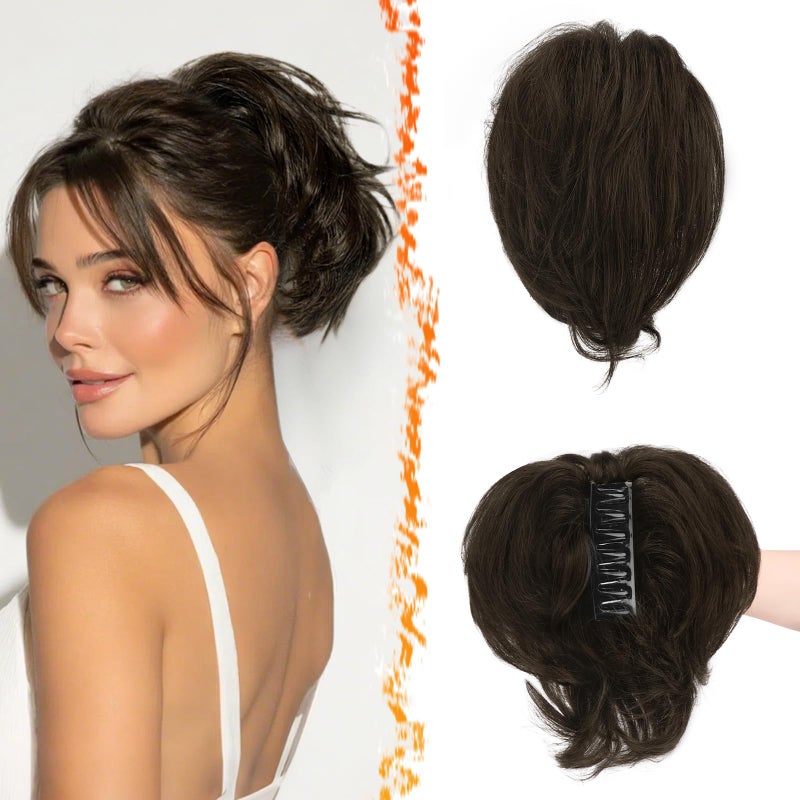 BARSDAR Claw Clip Short Human Hair Ponytail Extension with Bendable Metals - DIY Styles 8 Inch Real Human Hair Black Brown Messy Bun Hairpieces for Women - Thick Natural Short Ponytail Daily - Image 1