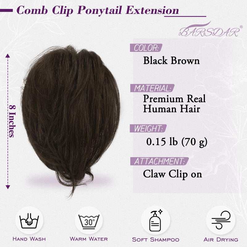 BARSDAR Claw Clip Short Human Hair Ponytail Extension with Bendable Metals - DIY Styles 8 Inch Real Human Hair Black Brown Messy Bun Hairpieces for Women - Thick Natural Short Ponytail Daily - Image 2