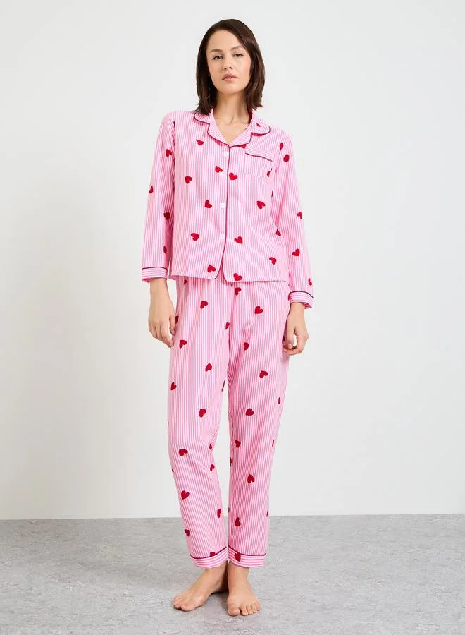 Take Two  Pink Striped Heart Print Long Sleeve Pajama Set for Women | Best Price UAE