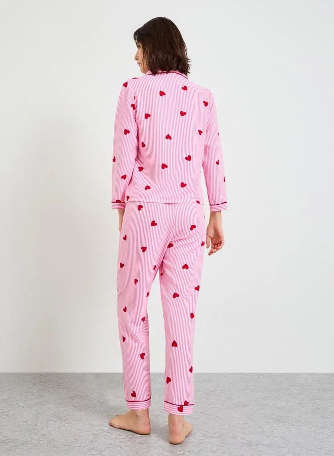 Take Two  Pink Striped Heart Print Long Sleeve Pajama Set for Women | Best Price UAE