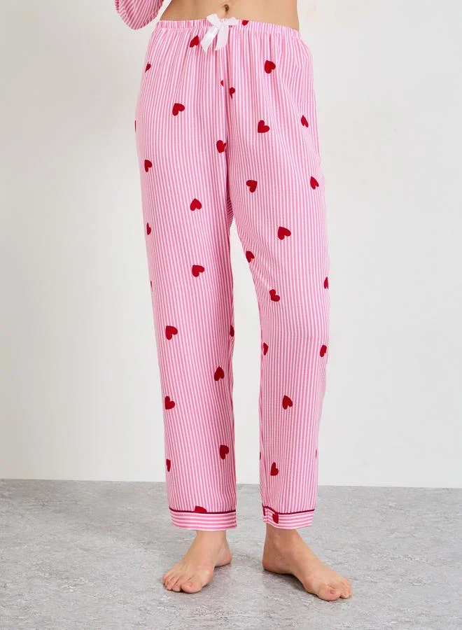Take Two  Pink Striped Heart Print Long Sleeve Pajama Set for Women | Best Price UAE