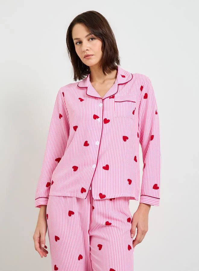 Take Two  Pink Striped Heart Print Long Sleeve Pajama Set for Women | Best Price UAE