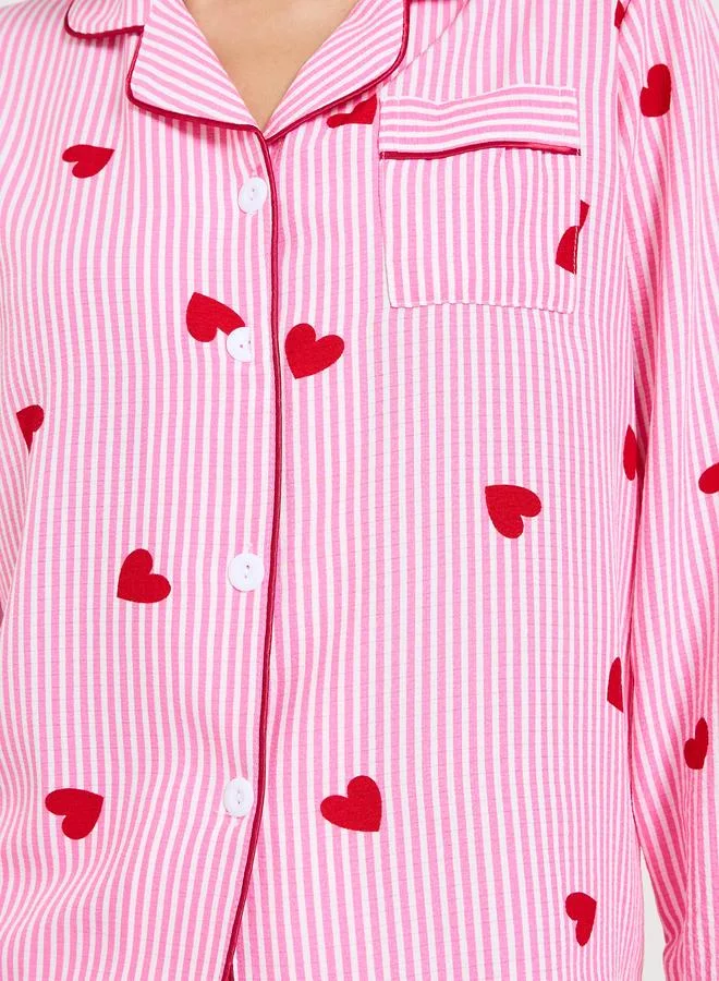Take Two  Pink Striped Heart Print Long Sleeve Pajama Set for Women | Best Price UAE